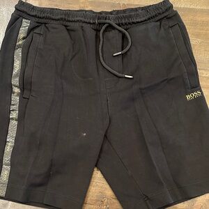 Boss Men's Black Athletic Shorts with Gold Accents